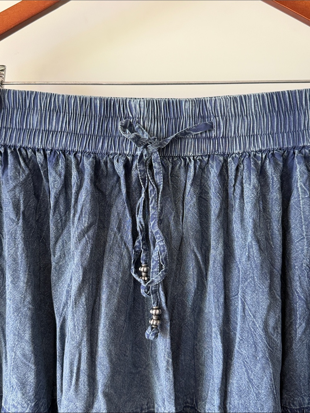 Mlle Gabrielle Blue Denim Look Tiered Midi Skirt Womens Plus Size 1X Drawstring - Picture 3 of 7